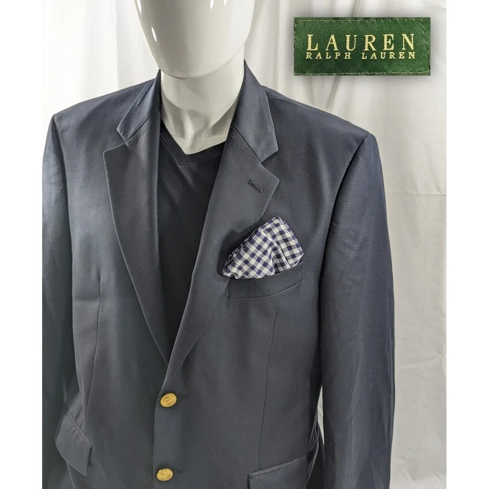 Lauren Ralph Lauren Sport Suit‎ Jacket Coat 40R Navy Gold Buttons Wool Blazer
